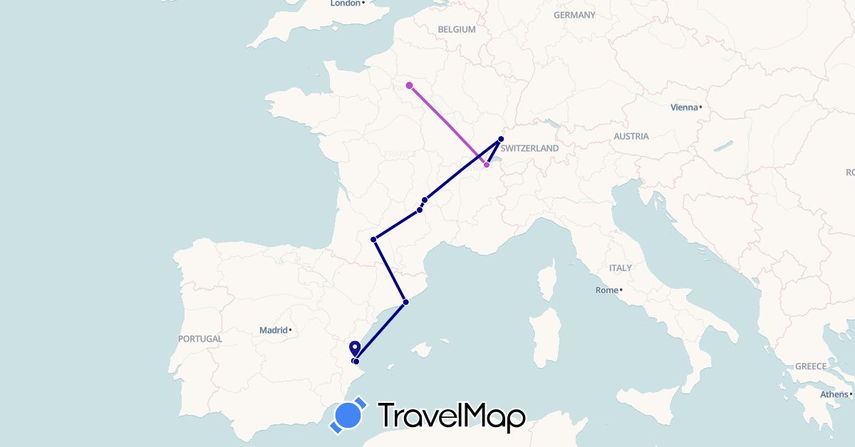 TravelMap itinerary: driving, train in Switzerland, Spain, France (Europe)